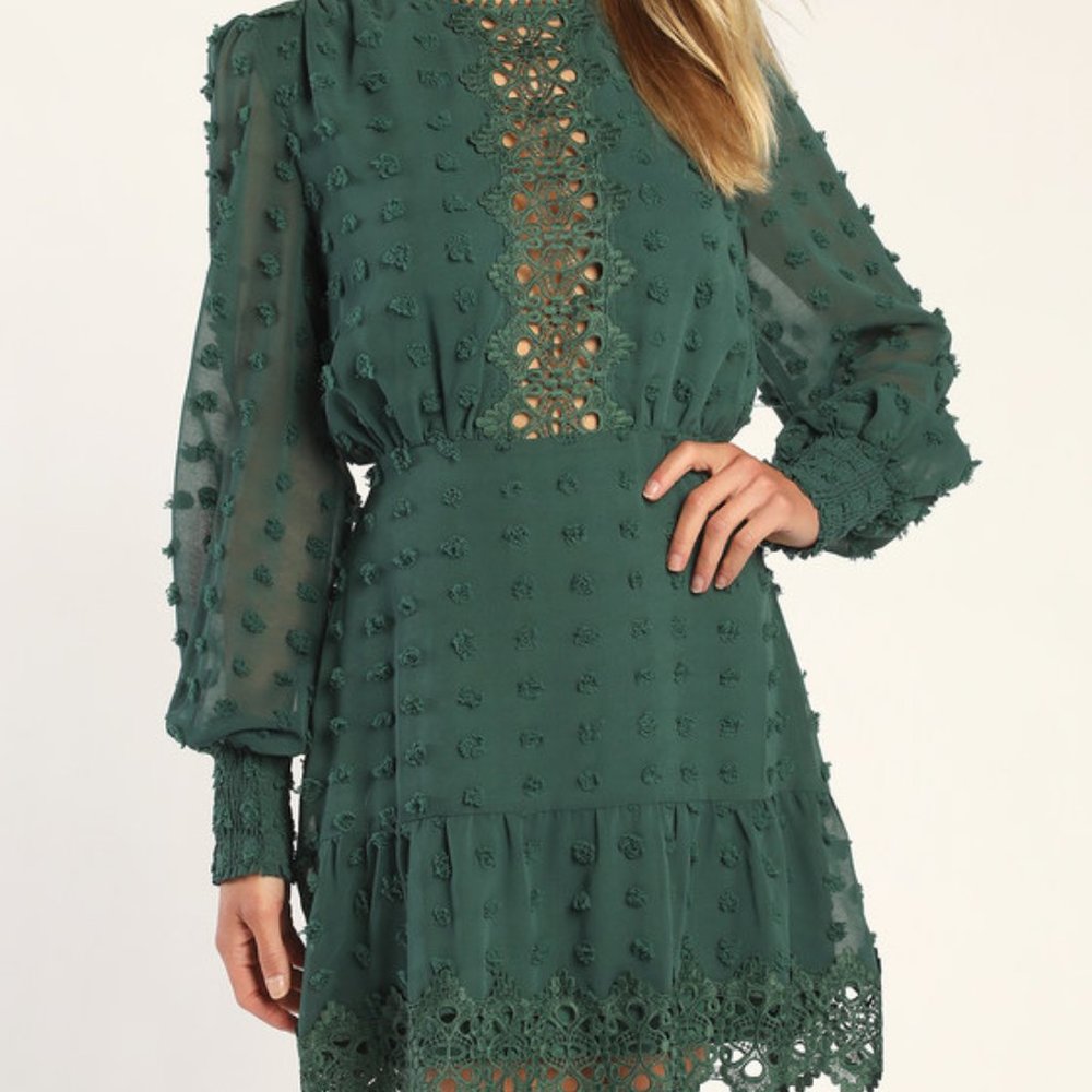 Lulus Lust Or Love Emerald Green Embroidered Lace Long Sleeve Dress - Size Small